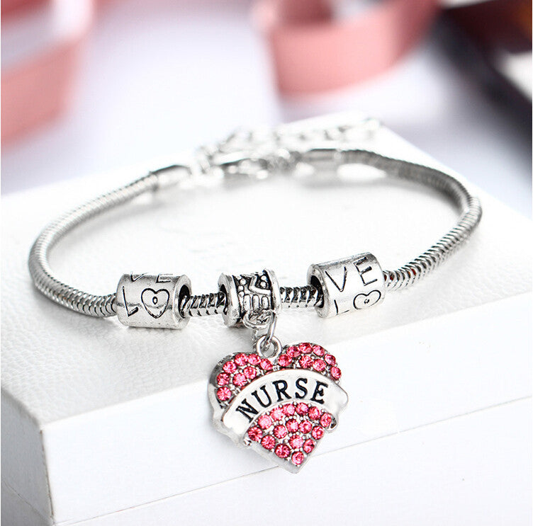 PANDORA SILVER CHARM BRACELET WITH PINK CRYSTAL HEART LOVE FAMILY